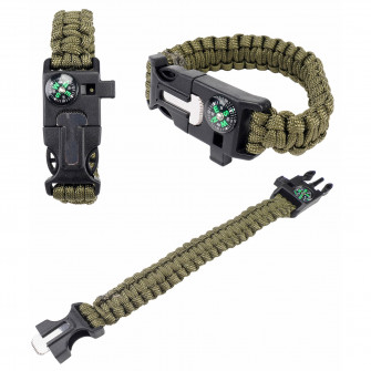 Bratara de supravietuire in paracord verde militar 5 in 1, cutit